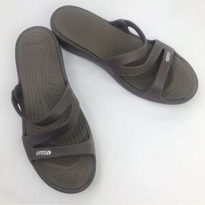 Crocs Swiftwater Brown Strappy Rubber Wedge Slide Slip On Sandals